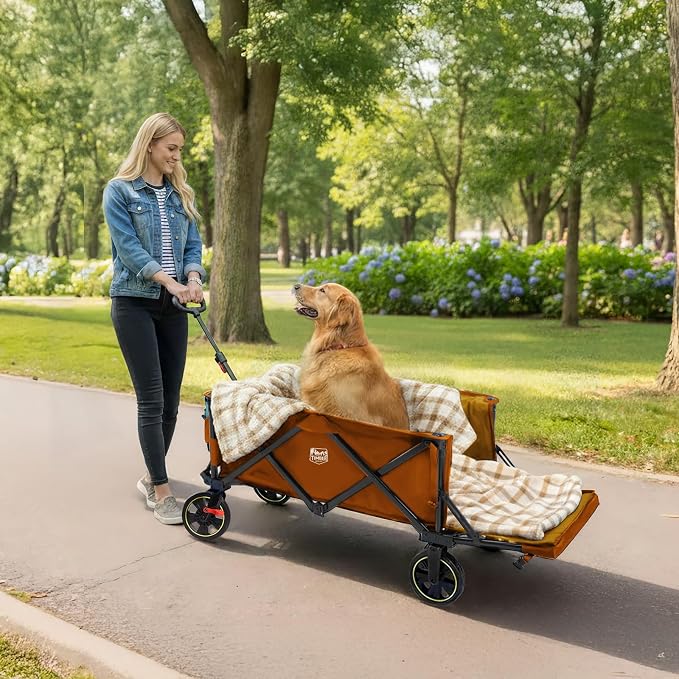 Timber Ridge 49" Extra Long Collapsible Folding Wagon with Tailgate and Brakes, 300lbs Heavy Duty Foldable Wagon with Adjustable Handle, 250L Capacity Portable Cart for Outdoor Camping Sports, Orange