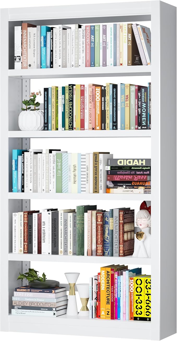 VASAAOSD Metal Bookshelf - Adjustable White Bookcase, 5 Tier Book Shelf, Heavy Duty Sturdy Book Case, Modern Bookshelves and Bookcases for Home Office, Living Room, Bedroom, Library(69" H)