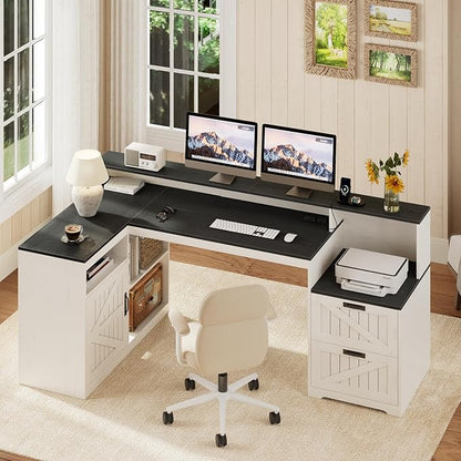 TVU Farmhouse L Shaped Desk with Drawers, 62.2" Home Office Desk with Storage Shelves and Power Outlet, L Shaped Computer Desk with Monitor Stand and Printer Shelf, Black and White