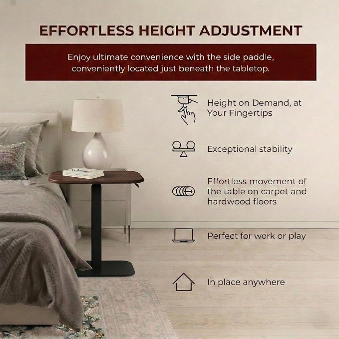 Elevance Height Adjustable Side Table, Black Base, Walnut Top | Sofa Laptop Table for Couch & Bed | Small C-Shape End Table for Home or Office