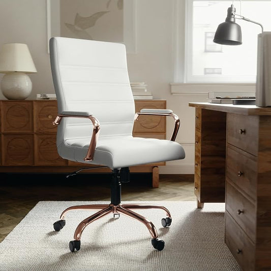 EMMA + OLIVER Faux Leather High-Back Swivel Home Office Desk Chair with Wheels, Padded Seat, and Armrests, Adjustable Height Multipurpose Office Chair, White/Rose Gold
