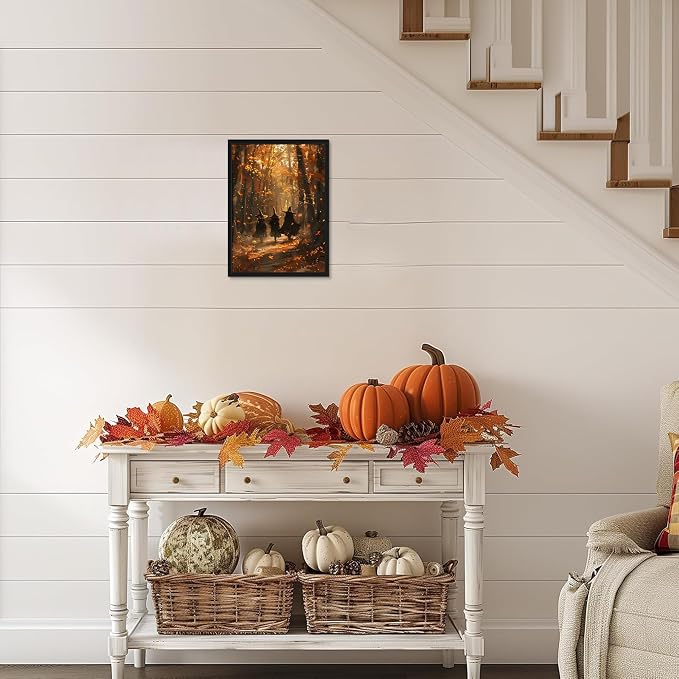 Framed Halloween Witch Wall Art - Autumn Forest Witch Canvas Print, Vintage Gothic Dark Academia Halloween Wall Decor, Spooky Fall Artwork for Bedroom Living Room Home 8x10in Wood Frame
