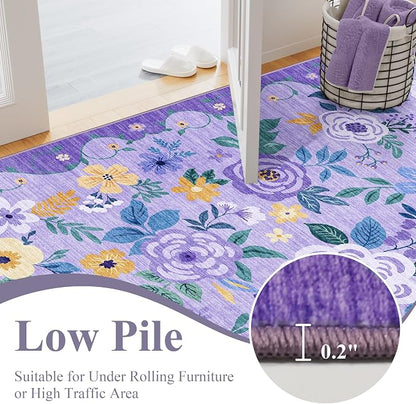 DUKINO Runner Rug, 2.6x8 Kitchen Rug for Hallway with Non Slip Backing, Washable Low Pile Soft Boho Floral Runner Carpet for Hallway, Kitchen, Entryway, Laundry, Bedroom, Purple