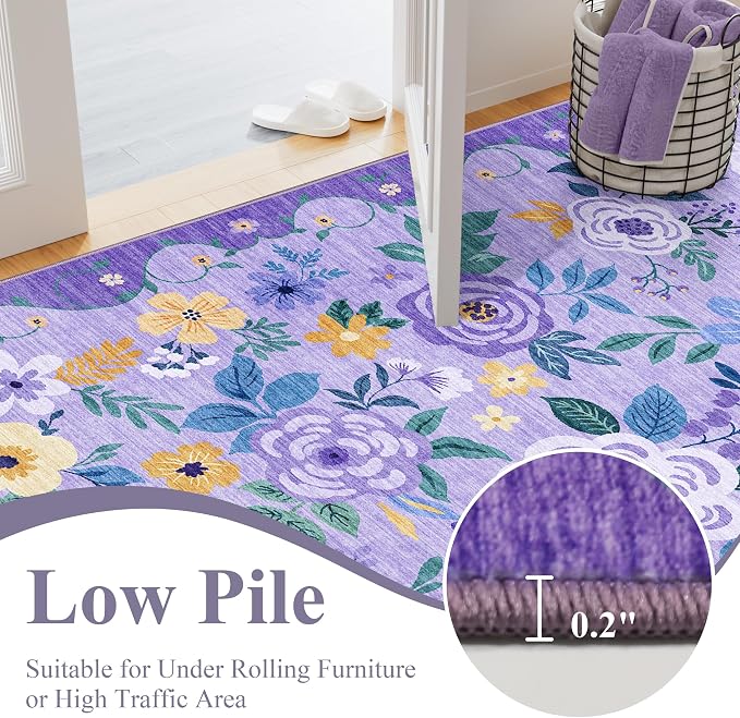 DUKINO 2x4 Rug for Entryway, Washable Kitchen Floral Runner Rug with Non Slip Backing, Low Pile Soft Boho Carpet for Kitchen, Hallway, Entryway, Laundry, Bedroom, Purple
