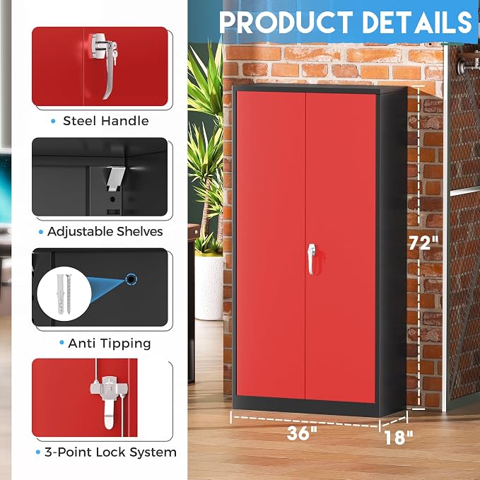 Greenvelly Metal Garage Storage Cabinet with 2 Doors and 4 Adjustable Shelves, 72”H Steel Lockable Storage Cabinet,Tall Metal Cabinet Locking File Cabinet for Office,Home, Garage, Gym, School