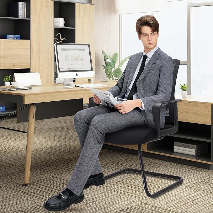 CLATINA Waiting Room Chairs with Armrests and Adjustable Lumbar Support, Breathable Mesh Back Desk Chair No Wheels, Office Guest Chairs & Reception Chair for Conference Room, Black, 8PK