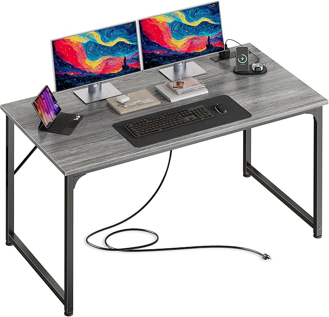 PRAISUN 47 X 24 Inch Computer Desk with Power Outlets & USB-C Port, Office Desk with Deeper Desktop, Study, Bedroom, Writing Work from Home Table, Metal Frame, Grey