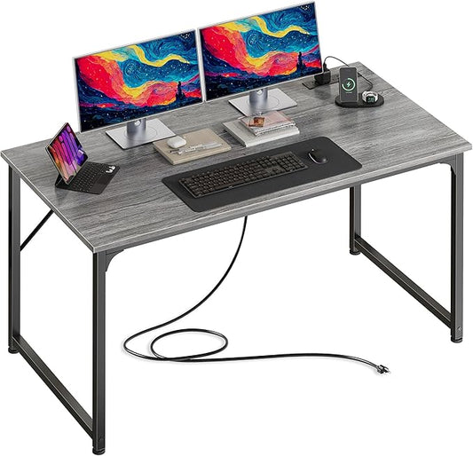 PRAISUN 47 X 24 Inch Computer Desk with Power Outlets & USB-C Port, Office Desk with Deeper Desktop, Study, Bedroom, Writing Work from Home Table, Metal Frame, Grey