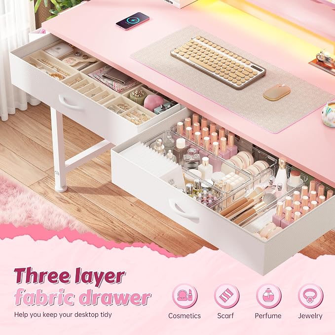 DurayLoly 31Inch Small Computer Desk with LED Lights & 2 Fabric Drawers, Gaming Desk with Side Pocket & Ergonomic Monitor Stand, Small Space Study Writing Table with Anti-Tip Design,Pink