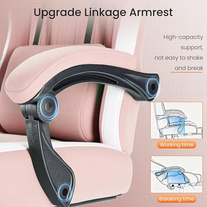 Sweetcrispy Video Gaming Chair: Ergonomic Desk Chair with Footrest and Lumbar Support, Height Adjustable High Back with Linkage Armrests and Headrest, 360° Wheels, Pink