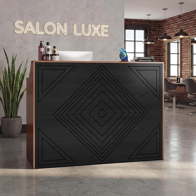 Reception Desk with Counter, Front Desk with 3 Drawers and Storage Cabinet, 47 inch Modern Retail Counter with Cable Grommet for Checkout, Barber, Beauty Salon, Home Office