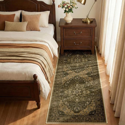 RELEANY Area Rugs Runner 2'x6' Washable Non-Slip, Floral Vintage Distress Medallion Carpet for Kitchen Hallway Bedroom Beside Laundry Room Bathroom, Brown Dark Brown