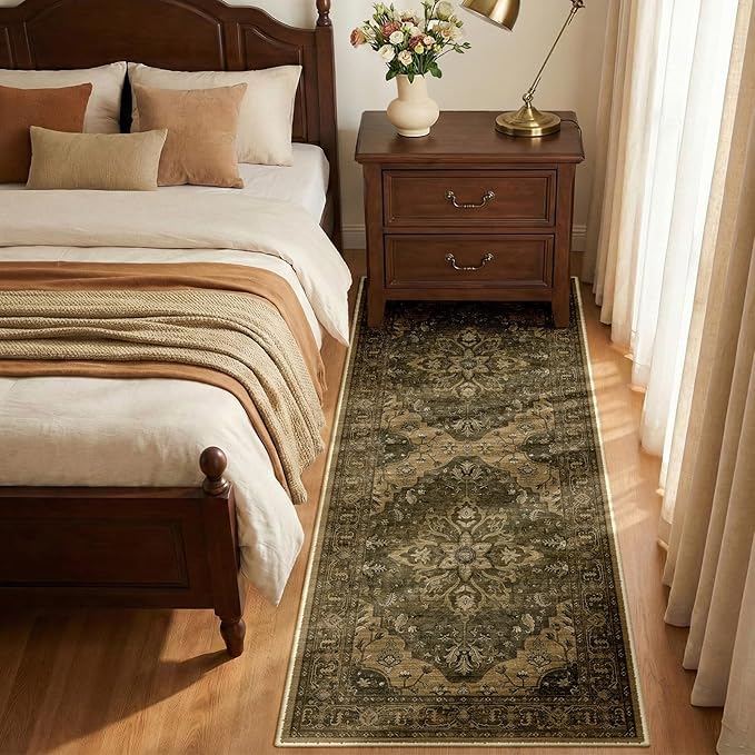 RELEANY Area Rugs Runner 2'x5' Washable Non-Slip, Floral Vintage Distress Medallion Carpet for Kitchen Hallway Bedroom Beside Laundry Room Bathroom, Brown Dark Brown