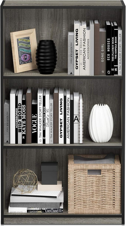 Furinno BASIC Book Shelf, 3-Tier Modern Bookshelf, Bookcase with Open Shelves, 9.3 x 21.8 x 39.5, for Living Room, Bedroom, Home Office, French Oak/Black