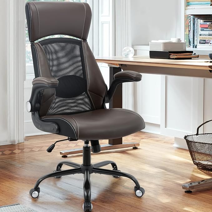 ZLHECTO® Executive Office Chair, Ergonomic Leather Desk Chair, Widened Adjustable Headrest with Flip-Up Arms, High Back Computer Swivel Task Chair with Lumbar Support, Brown