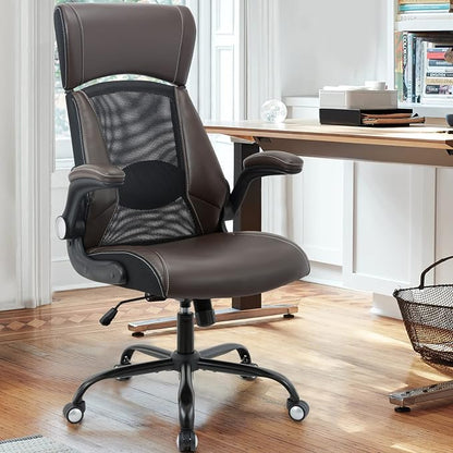 ZLHECTO® Executive Office Chair, Ergonomic Leather Desk Chair, Widened Adjustable Headrest with Flip-Up Arms, High Back Computer Swivel Task Chair with Lumbar Support, Brown