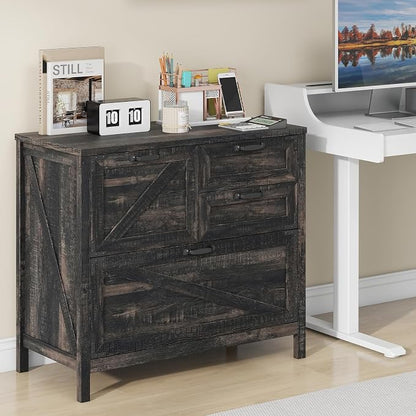 Halitaa Lateral File Cabinet with 4 Drawers Farmhouse File Cabinet for Letter/Legal/A4 Size Hanging Files, Large Wood File Storage Cabinets Printer Stand for Home Office Cabinet, Dark Rustic Oak