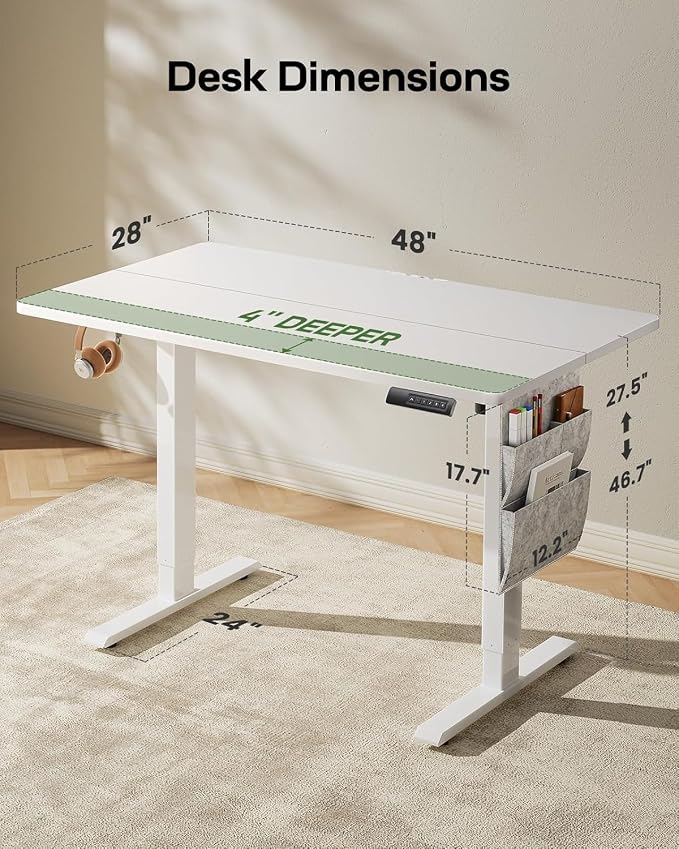 HUANUO Electric Standing Desk, 48 x 28 Inch Height Adjustable Computer Desk with Storage Bag, 4 Height Memory Settings, Sit Stand Up Desk for Home Office, White