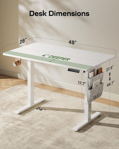 HUANUO Electric Standing Desk, 48 x 28 Inch Height Adjustable Computer Desk with Storage Bag, 4 Height Memory Settings, Sit Stand Up Desk for Home Office, White