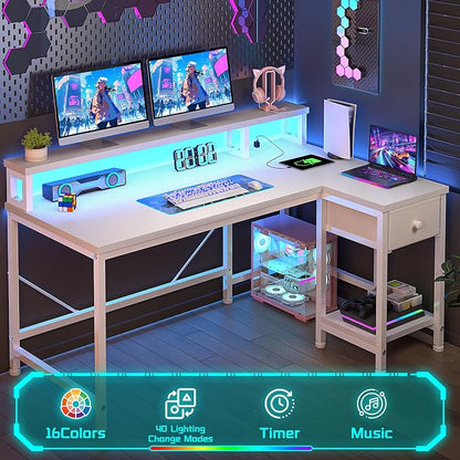 DurayLoly 48" L- Shaped Computer Desk with LED Light and Power Outlet, Reversible Home Office Desk With Drawer and Shelf, Gaming Desk with Monitor Stand for Gamer, Student, Bedroom, Small Space, White