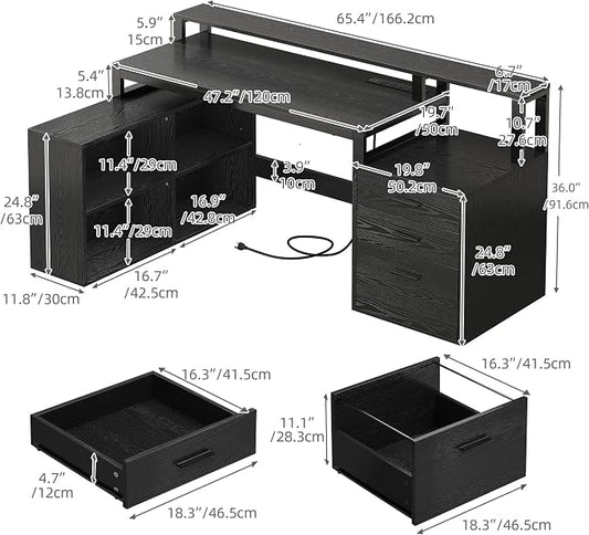 DWVO L Shaped Desk with Drawers, 65" Computer Desk with Power Outlets & LED Lights, Corner Home Office Desk with Storage Shelves & Printer Stand, Black