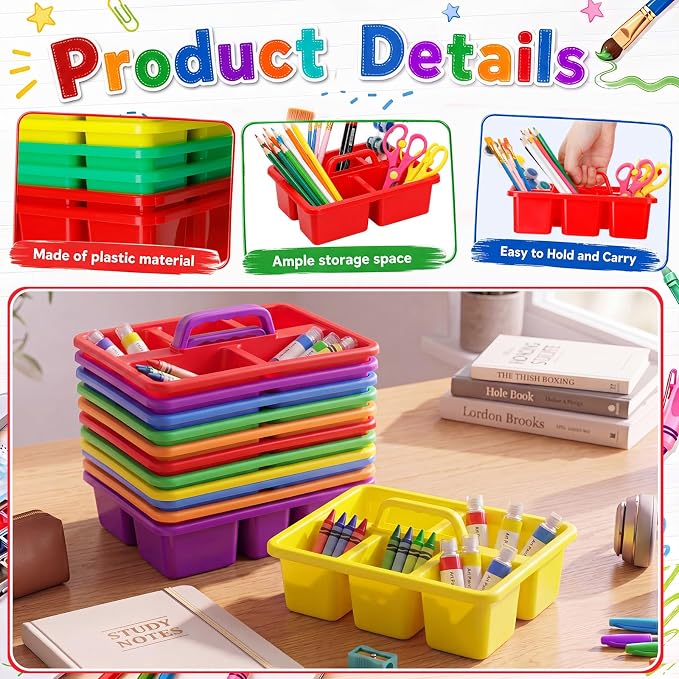 WILLBOND 12 Pcs Classroom Caddy with Handle Bulk Plastic Storage Caddy Organizer with 5 Compartment Portable Storage Bin for Pencil, Pen, Crayon, Marker, Home, Office, School Supply(Multicolor)
