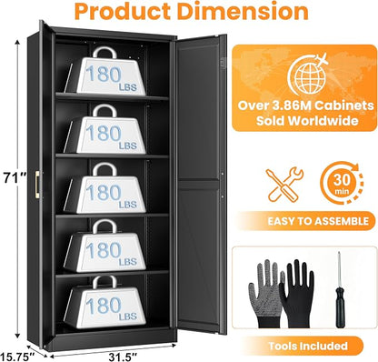 71" Metal Pantry Cabinet,Storage Cabinet with Doors and Shelves | Metal Storage Cabinet,Gold Handles,Adjustable Shelves,Magnetic Doors,Leveling Feet,Anti-tipping,for Kitchen/Garage Black