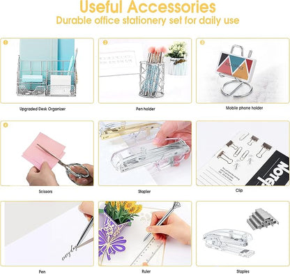 KAAKOW Silver Desk Organizers and Accessories Office Supplies Set Stapler, Pen Holder, Phone Holder, Scissors, Pen, Ruler, 30 Paper Clips, 22 Binder Clip, 20 Tacks and 1000pcs Staples