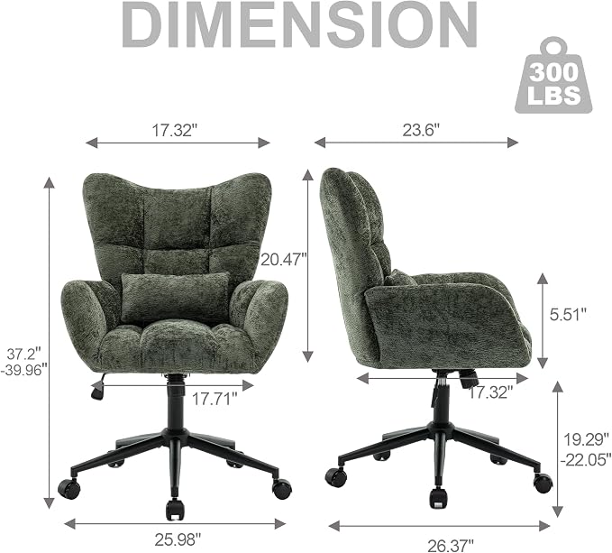 Home Office Desk Chair, Modern Tufted Chenille Vanity Chair, Adjustable Upholstered Swivel Computer Chairs for Bedroom, Living Room，Green