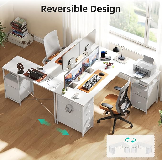 YOUDENOVA 55 Inch L Shaped Desk with Power Outlets & Type-C Port, Reversible Corner Computer Desk with 6 Drawers & File Cabinet, Large Workstation for Home Office, Gaming, Study, White