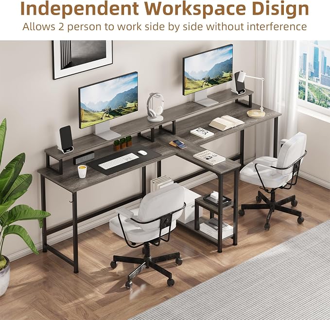 Mexin Two Person Desk-83.7 Inch Double Computer Desk with Monitor Stand and Power Outlets, Office Desk with Storage Shelves, Long Workstation Desk for Home Office, Gray Oak