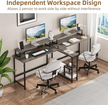Mexin Two Person Desk-83.7 Inch Double Computer Desk with Monitor Stand and Power Outlets, Office Desk with Storage Shelves, Long Workstation Desk for Home Office, Gray Oak