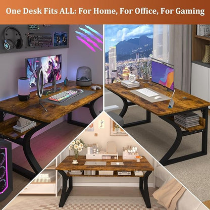 55 inch Computer Desk, Home Office Desk with Storage Shelf, Sturdy U-Shaped Metal Frame Study Table with Cable Management, Gaming Desk for Office & Bedroom (Rustic Brown, 55inch)