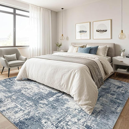7x9 Area Rug Living Room: Washable Large Abstract Modern Soft Rug Stain Resistant Indoor Non-Slip Carpet for Bedroom Dining Room Nursery Kids Playroom Office Home House- Blue White