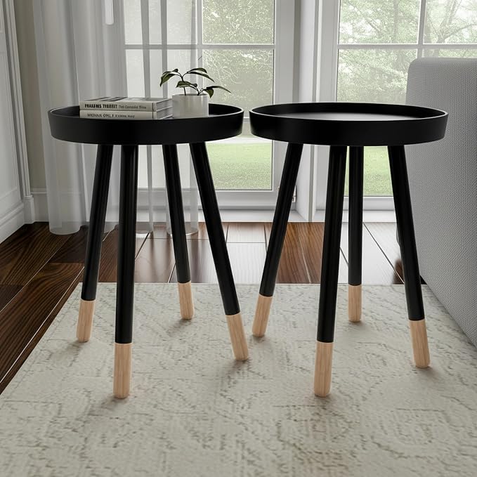 Lavish Home Round End Table Set of 2 – 17 Inch Small Round Side Table Set with Tray Tops and Color-Block Spindle Legs – Wooden Mid Century Modern Living Room Furniture (Black)