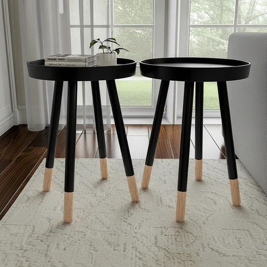 Lavish Home Round End Table Set of 2 – 17 Inch Small Round Side Table Set with Tray Tops and Color-Block Spindle Legs – Wooden Mid Century Modern Living Room Furniture (Black)