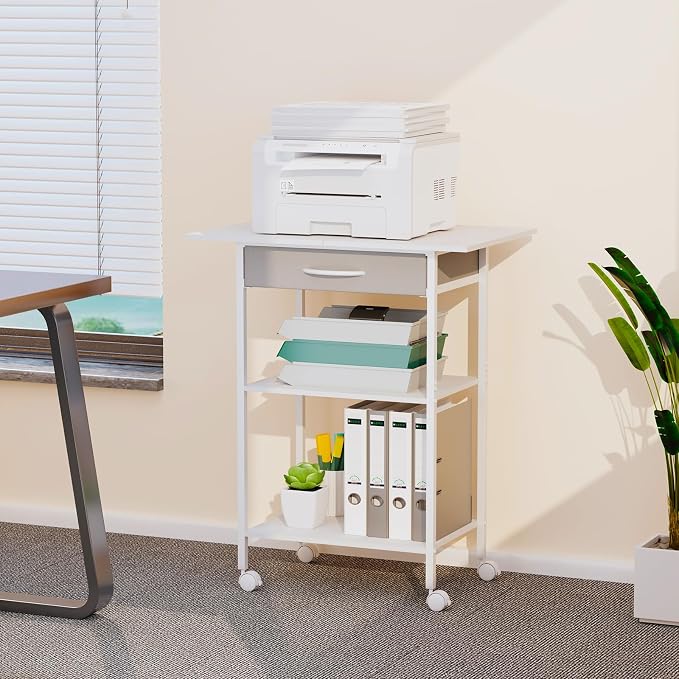 Arbuxzuy 3-Tier Printer Stand, Printer Table with Fabric Drawer, Industrial Printer Storage Cart with Wheels, Rolling Printer Stand for Heat Press Scanner Fax, White