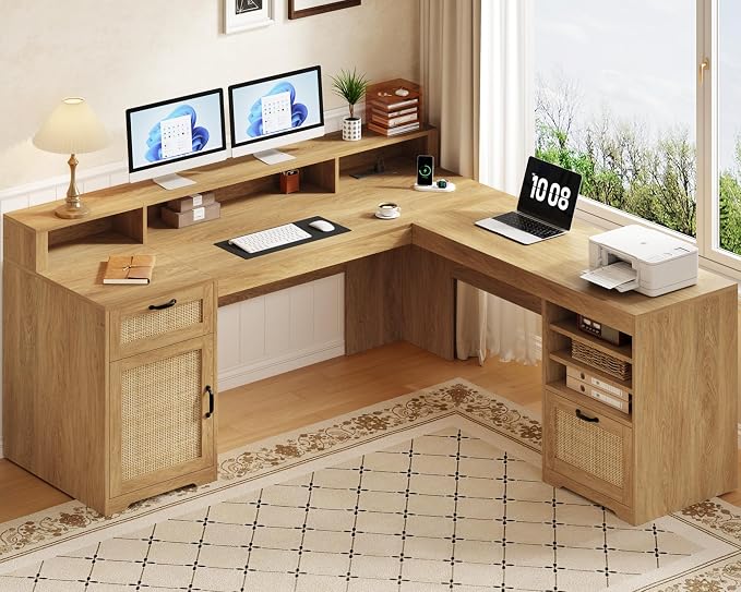 YOMILUVE 63" L Shaped Desk with Drawers, Farmhouse Corner Computer Desk with Power Outlets, Storage Cabinet, Home Office Executive Desk with Long Monitor Stand, Oak/Rattan