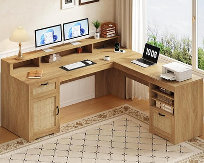 YOMILUVE 63" L Shaped Desk with Drawers, Farmhouse Corner Computer Desk with Power Outlets, Storage Cabinet, Home Office Executive Desk with Long Monitor Stand, Oak/Rattan