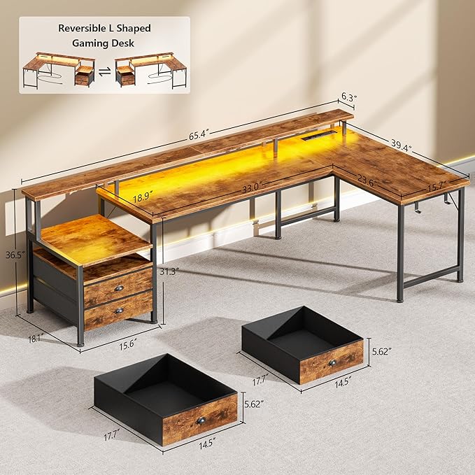 66'' L Shaped Desk with Power Outlets and USB-C Port, Reversible Office Desk with drawers and Storage Shelves, Computer desk with Led Lights and Host stand for Home Office, Gaming, Work, Rustic Brown