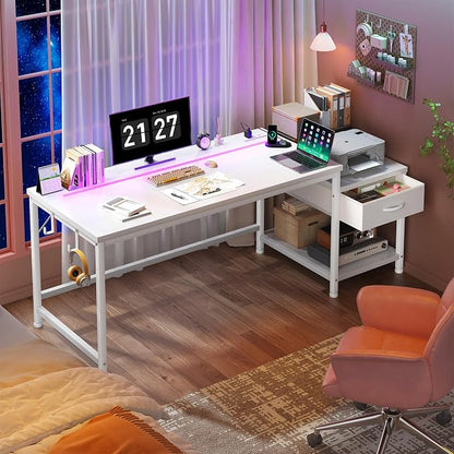DurayLoly 48" White Desk with Printer Shelf & Power Outlets – Reversible Computer Desk with LED Lights, Drawer & Headphone Hook for Dorm,Teens Study Room,White