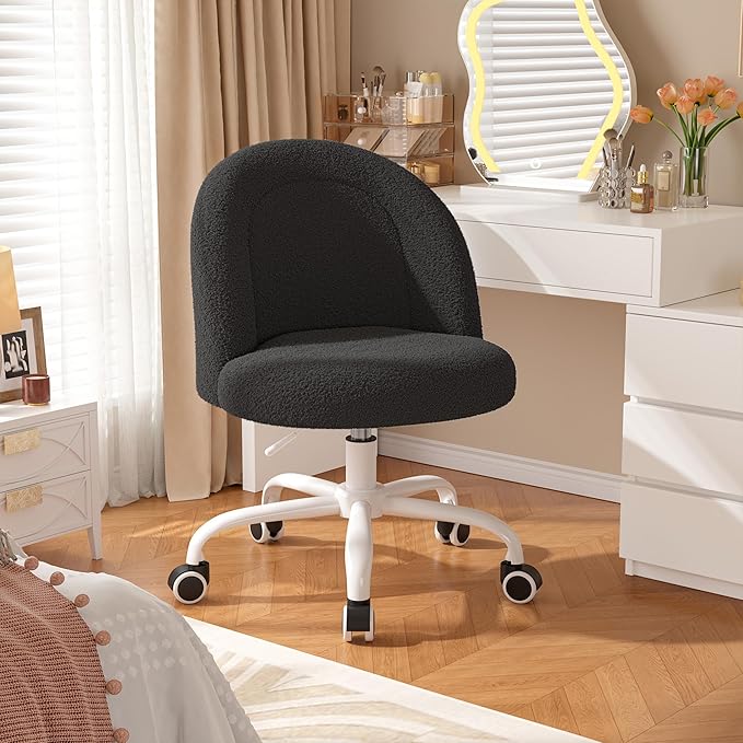 DurayLoly Vanity Chair with Back, Cute Desk Chair with Wheels, Armless Chair with Height Adjustable & 360° Swivel, Soft Lumbar Support for Small Space, Bedroom, Black