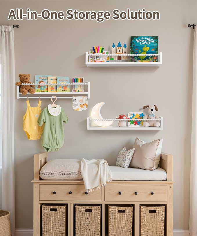 Maxpeuvon 23 Inch Kids Bookshelves Set of 3, Natural Wooden Floating Shelves Wall Mount Storage Organizer Shelf with Towel Bar Hanging Bookshelf for Kid Room Bedroom Living Room Decor, White