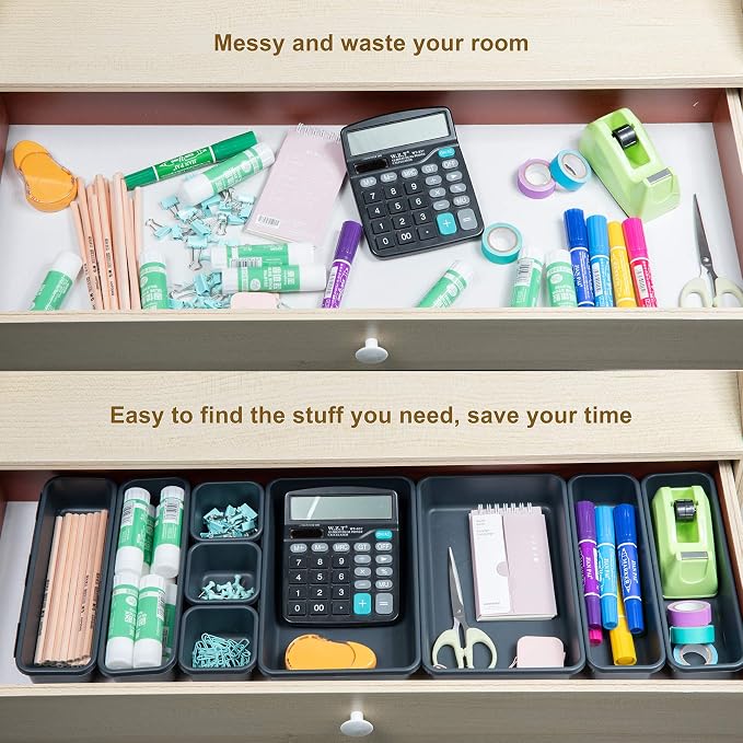 BYCY 18 Pcs Drawer Organizers Trays Set for Office Bathroom Dresser Interlocking Dividers Storage Bins Pack (18 Pieces Set)