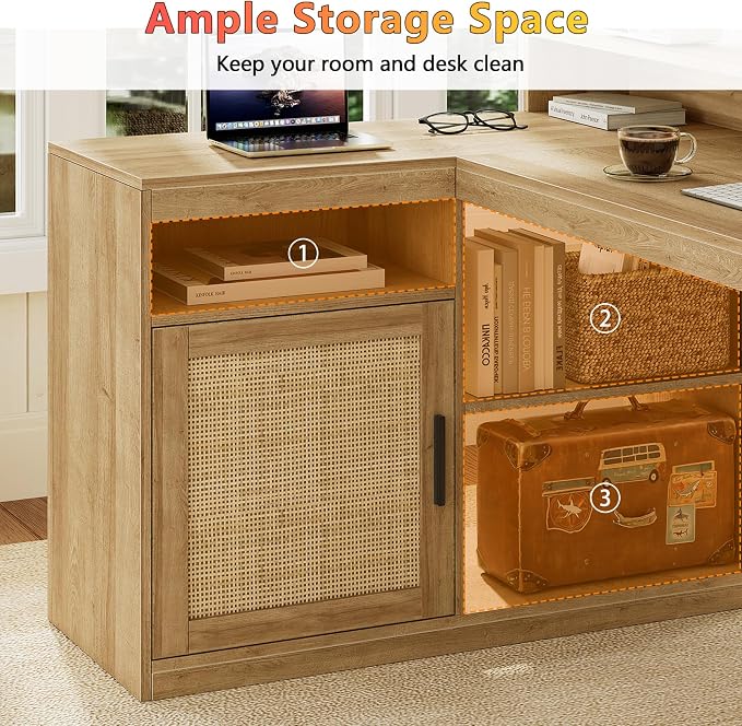 TVU Farmhouse L Shaped Desk with Drawers, 62.2" Home Office Desk with Storage Shelves and Power Outlet, L Shaped Computer Desk with Monitor Stand and Printer Shelf, Oak/Rattan