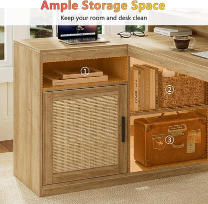 TVU Farmhouse L Shaped Desk with Drawers, 62.2" Home Office Desk with Storage Shelves and Power Outlet, L Shaped Computer Desk with Monitor Stand and Printer Shelf, Oak/Rattan