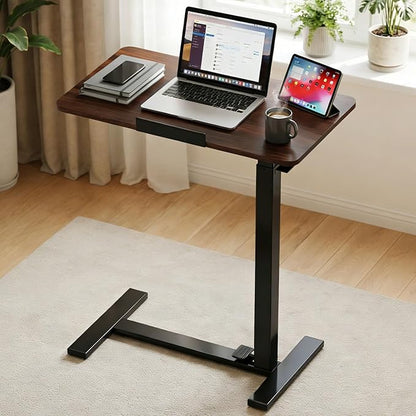 Adjustable Overbed Bedside Table with Hidden Wheels, Mobile Standing Desk with Pneumatic Lift, Portable Computer Workstation Cart for Bed, Couch, Office, Sofa, Brown