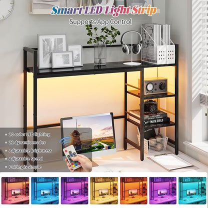 HavenlyYouth Desk Shelf with LED Light Strip, 3-Tier Storage Desktop Organizer Shelf, 38.6" Wood Desktop Bookshelf for Computer Monitor, Desk Hutch for Home Office Dorm, Black