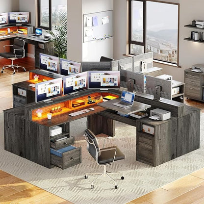 YITAHOME L Shaped Desk with Power Outlets & LED Lights, 60" Corner Computer Desk with Drawers & Lift Top, Home Office Desk with Monitor Stand & File Cabinet, Wood Height Adjustable Desk, Grey