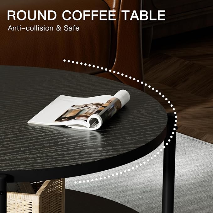 FAMIDGE Coffee Table, 2 Tiers Round Coffee Table, Black Modern Coffee Table for Living Room, Small Space Friendly (Sturdy Metal Frame, Easy Assembly) 27.5x17.7in